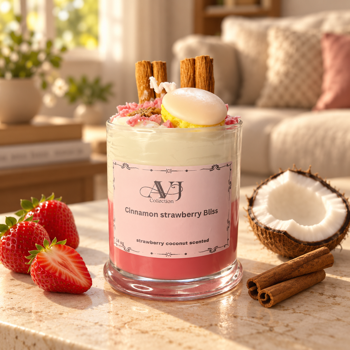 Cinnamon Strawberry Bliss Candle, Strawberry Coconut Scented Candle, Handmade Dessert Candle, Sweet Spice Home Décor