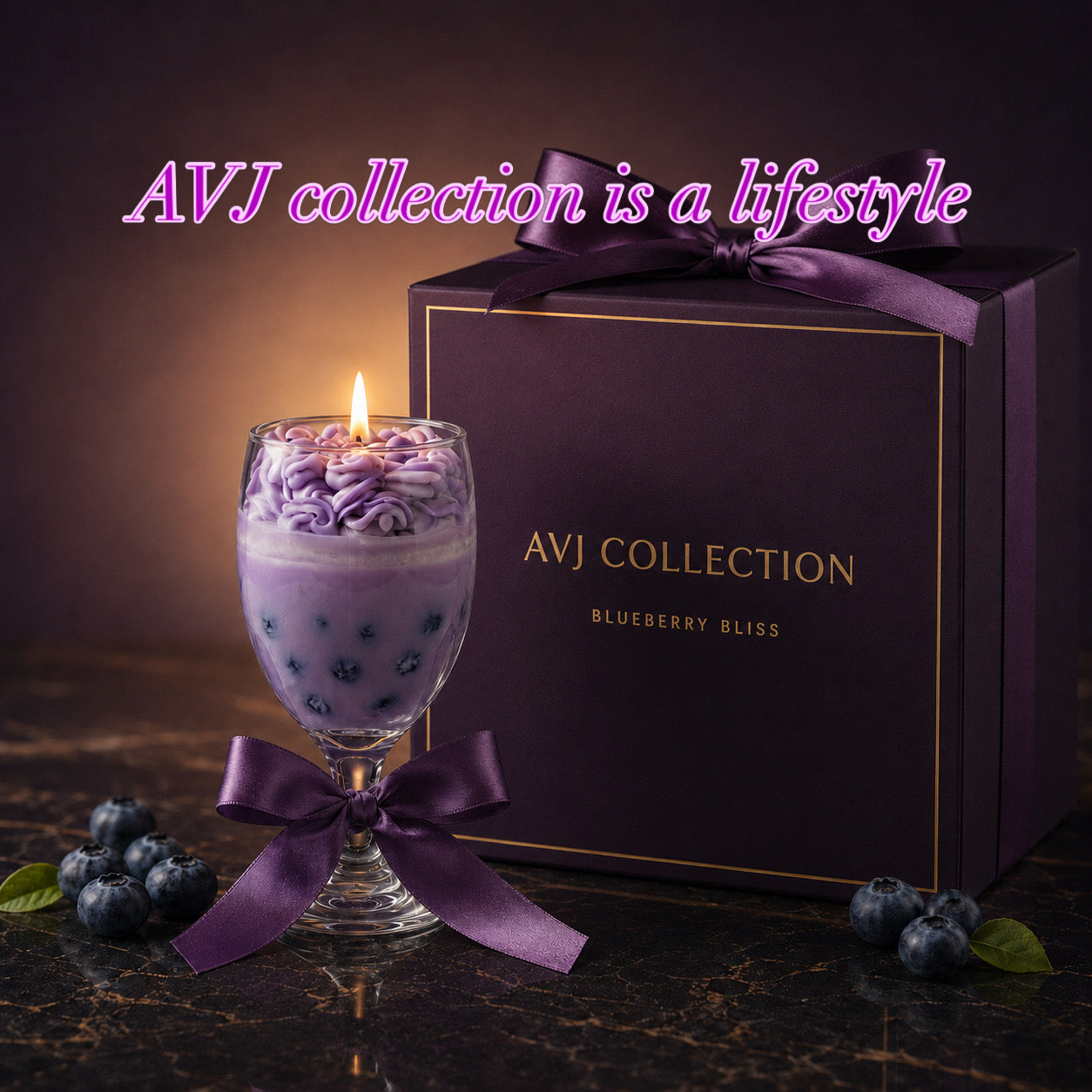 Blueberry Dream Artisan Whipped Candle in Decorative Stemmed Glass with Purple Ribbon