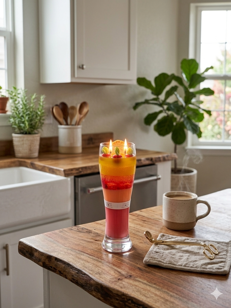 Layered Lemon Cherry Sangria Cocktail Candle in Pilsner Glass - Scented Gel and Soy Wax Candle, Decorative Drink Candle for Party and Gift