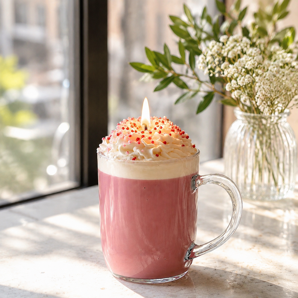 Strawberry Cloud Latte Candle – Hand-Poured Soy Wax Mug Candle with Whipped-Wax Topping