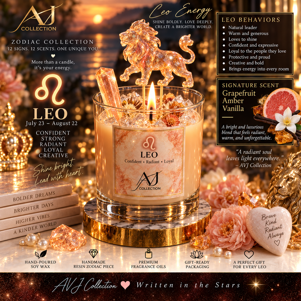 Leo ♌ Zodiac Candle | Rainbow Lion Charm & Cocktail Umbrella Topper