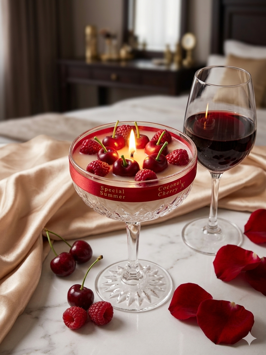 Handmade Coconut Cherry Cocktail Dessert Candle – Tropical Gel & Soy Wax Art Glass