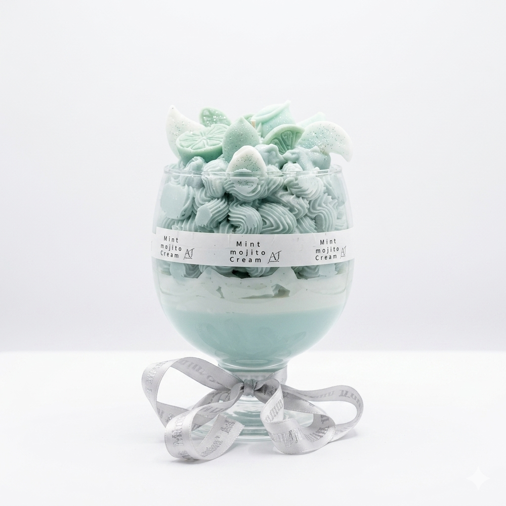 Mint Mojito Cream Gourmet Dessert Candle – Handmade Scented Soy Wax Blend Gel Candle in Goblet Glass