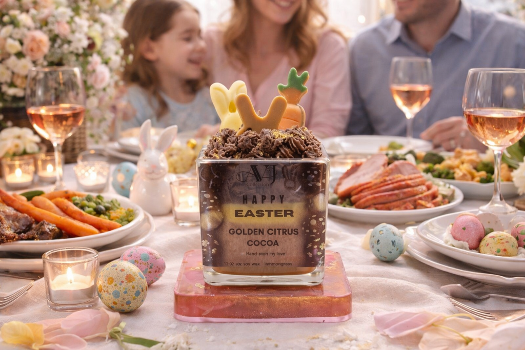 AVJ Collection Fresh Glow Garden Soy Wax Candle, 14oz, Layered, Bunny and Carrot Embeds