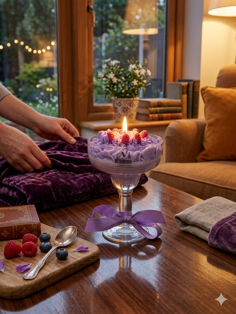 Handmade Blueberry & Raspberry Cream Dessert Candle – Realistic Fruit Whipped Wax Candle in Cocktail Glass with Purple Bow – AVJ Collection Artisan Decor