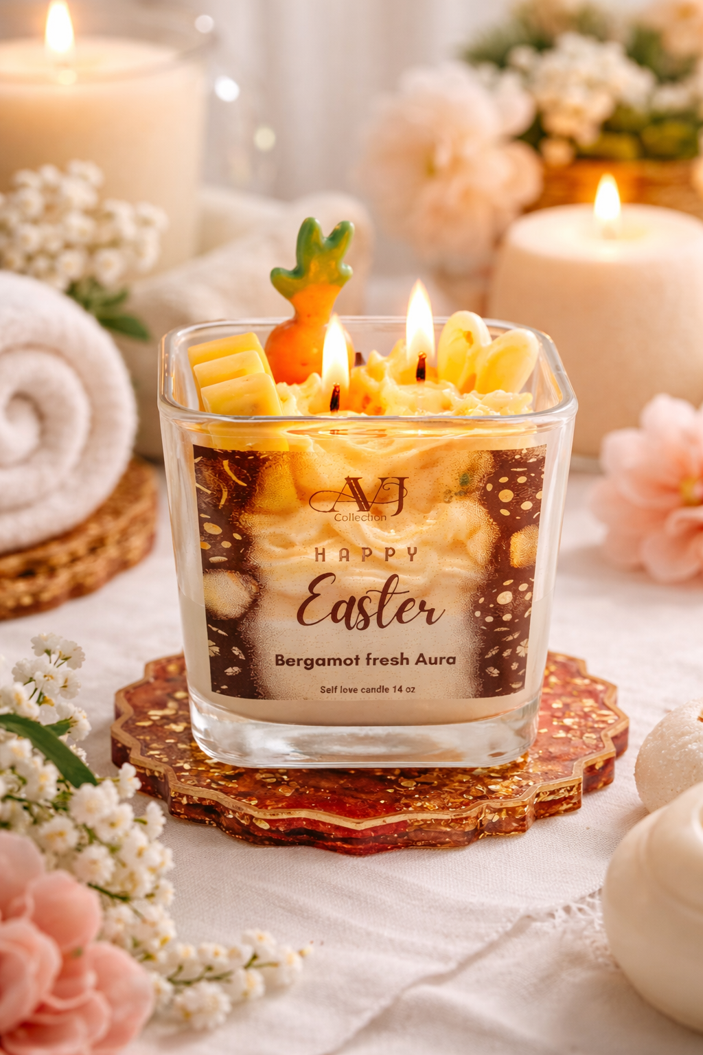 AVJ Collection Fresh Glow Garden Soy Wax Candle, 14oz, Layered, Bunny and Carrot Embeds