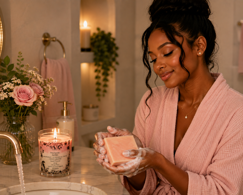 Pink Sunset Garden Signature Collection — Candle, Handmade Soap & Home Spray