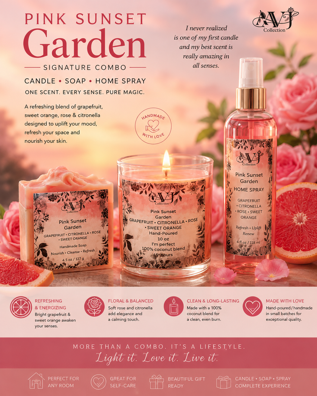 Pink Sunset Garden Signature Collection — Candle, Handmade Soap & Home Spray