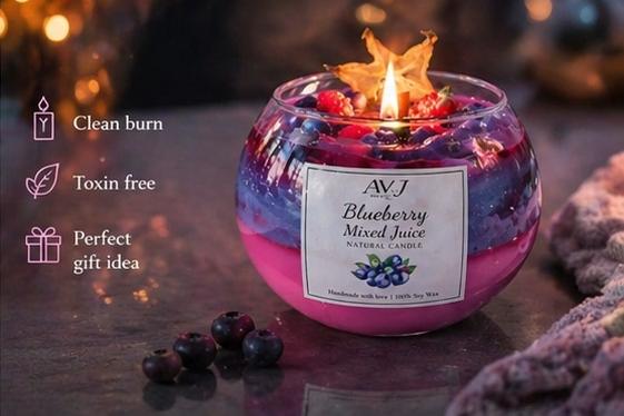 Handmade Blueberry Mixed Juice Soy Wax Candle | Artisan Triple-Layered Berry Scented Bowl Candle