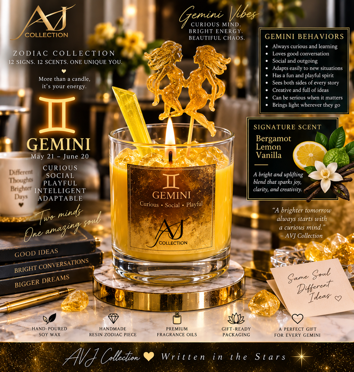 Gemini ♊ Talkative, Smart & Fun Handmade Zodiac Artisan Candle