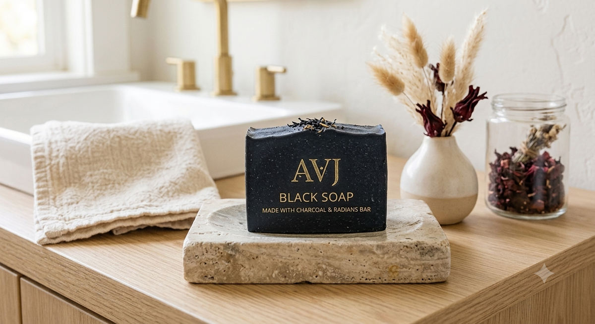 AVJ Purifying Soap Collection — Charcoal + Hibiscus Free 5-Day Clear Skin Guide skin’s new ritual and a free guide to go with it.