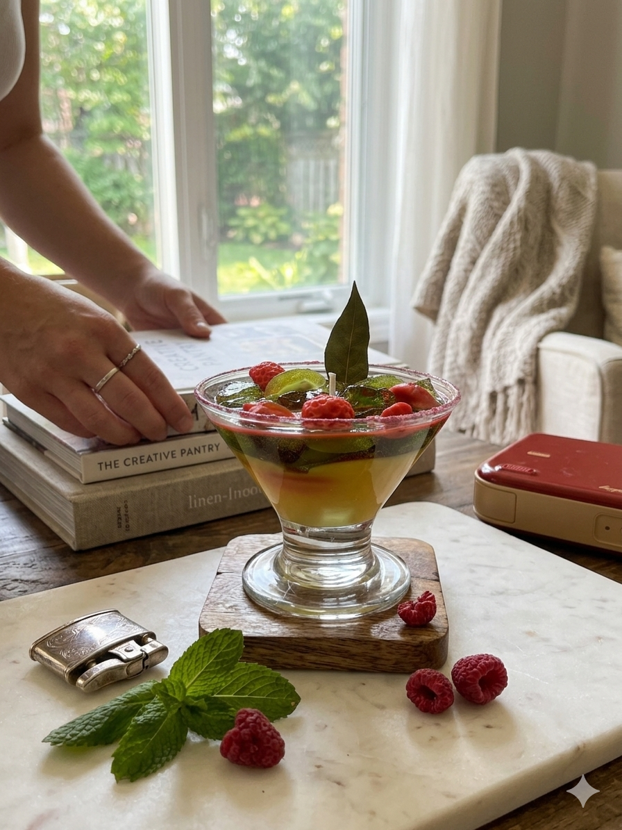 Berry Bay Martini Cocktail Candle Artisanal Raspberry & Herb Gourmet Gel Decor