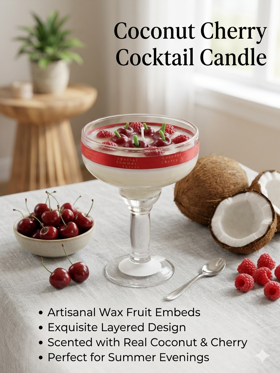 Handmade Coconut Cherry Cocktail Dessert Candle – Tropical Gel & Soy Wax Art Glass