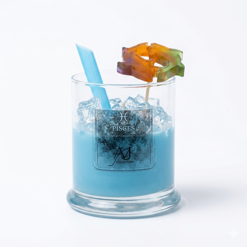 Pisces Zodiac Candle | Rainbow Fish Charm & Crystal Ice Topper