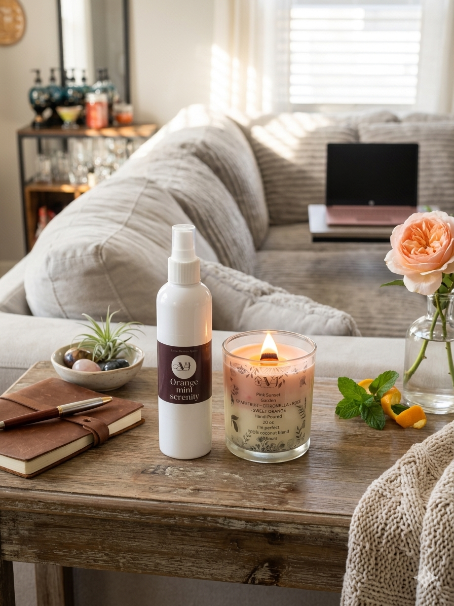 The Orange Mint Serenity duo combines a refreshing, aromatherapy-inspired room spray with a bold, hand-poured candle