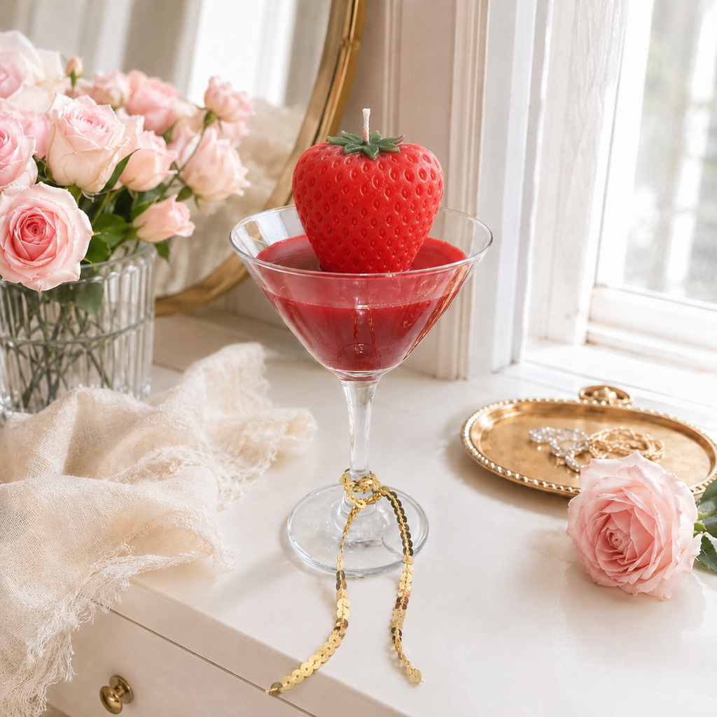 AVJ Collection Strawberry Kiss Cocktail Candle – Red Martini Glass Candle, Romantic Gift & Luxury Home Decor