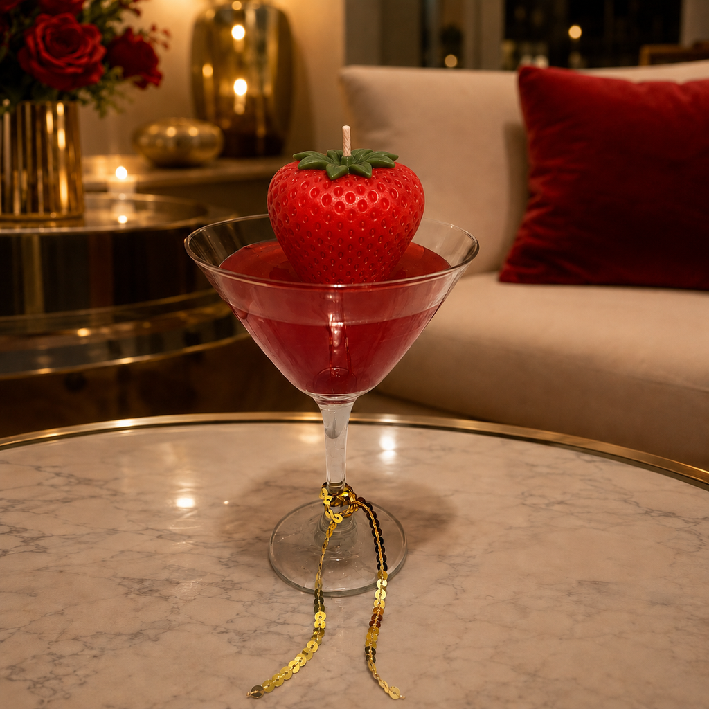 AVJ Collection Strawberry Kiss Cocktail Candle – Red Martini Glass Candle, Romantic Gift & Luxury Home Decor
