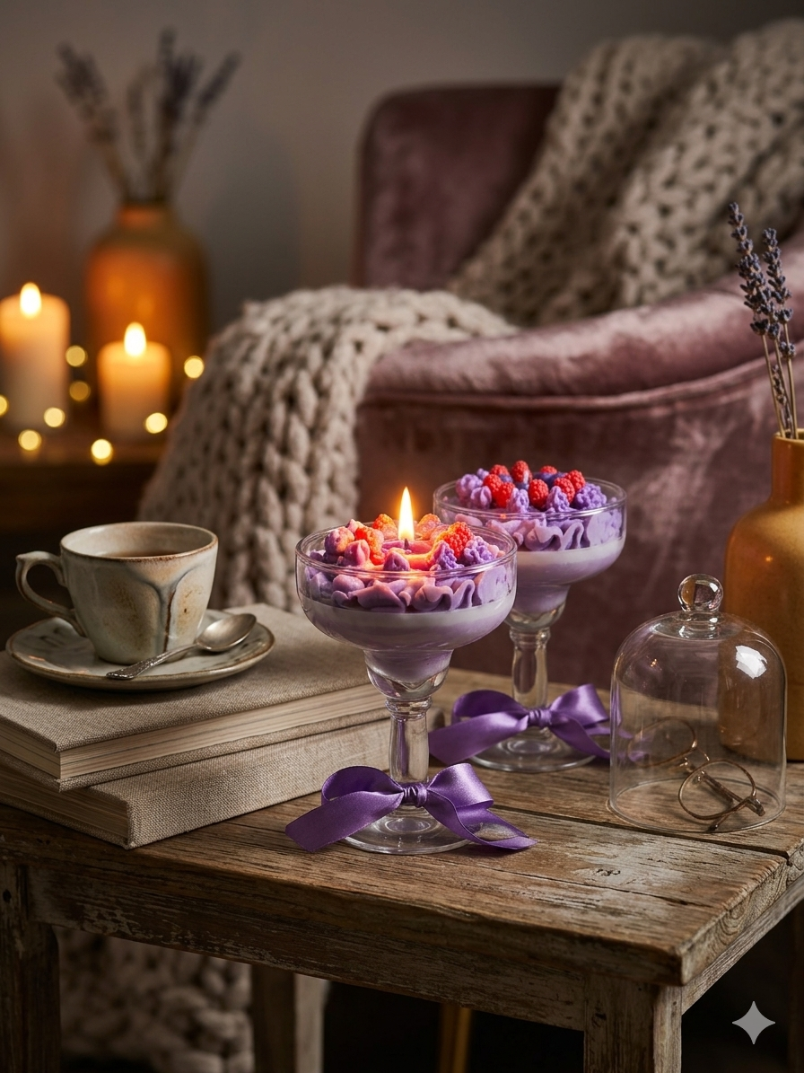 Handmade Blueberry & Raspberry Cream Dessert Candle – Realistic Fruit Whipped Wax Candle in Cocktail Glass with Purple Bow – AVJ Collection Artisan Decor
