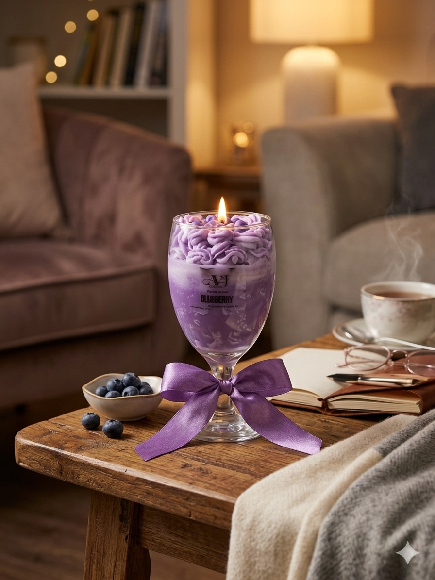 Blueberry Dream Artisan Whipped Candle in Decorative Stemmed Glass with Purple Ribbon