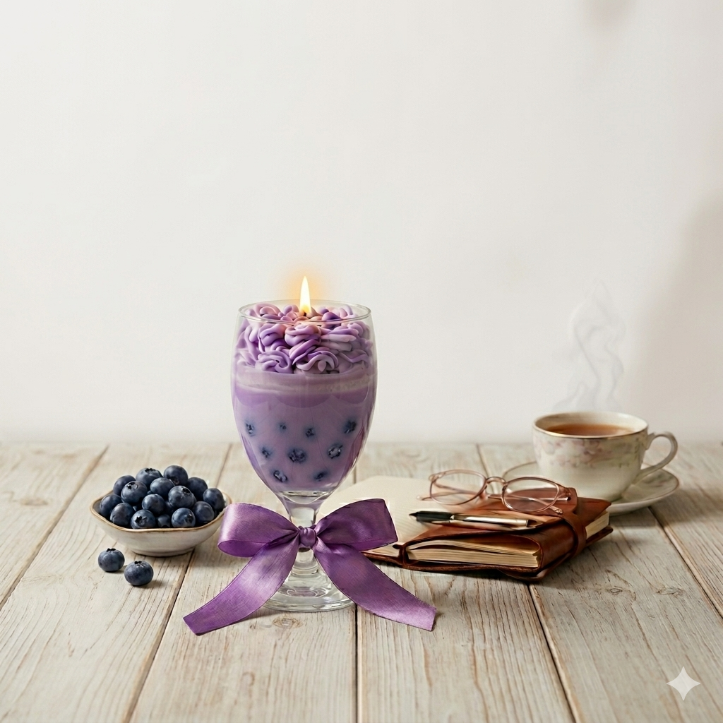 Blueberry Dream Artisan Whipped Candle in Decorative Stemmed Glass with Purple Ribbon