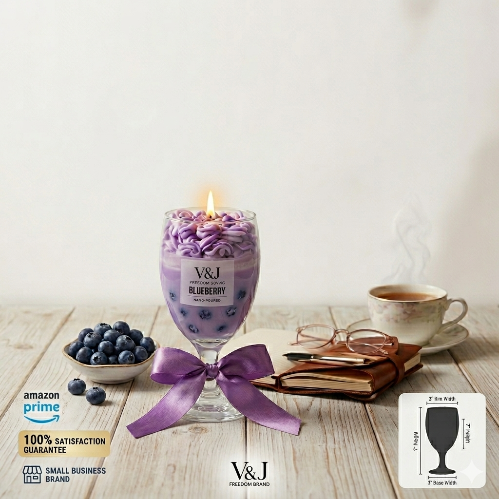 Blueberry Dream Artisan Whipped Candle in Decorative Stemmed Glass with Purple Ribbon