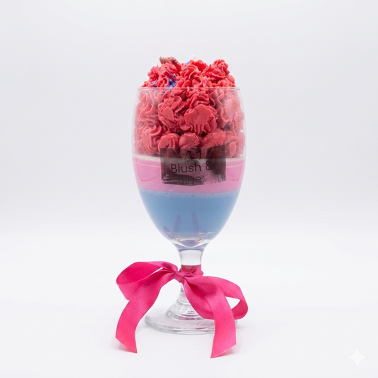 Blush & Blue Artisan Cocktail Candle, Layered Wine Glass with Whipped Wax Rosettes and Pink Ribbon